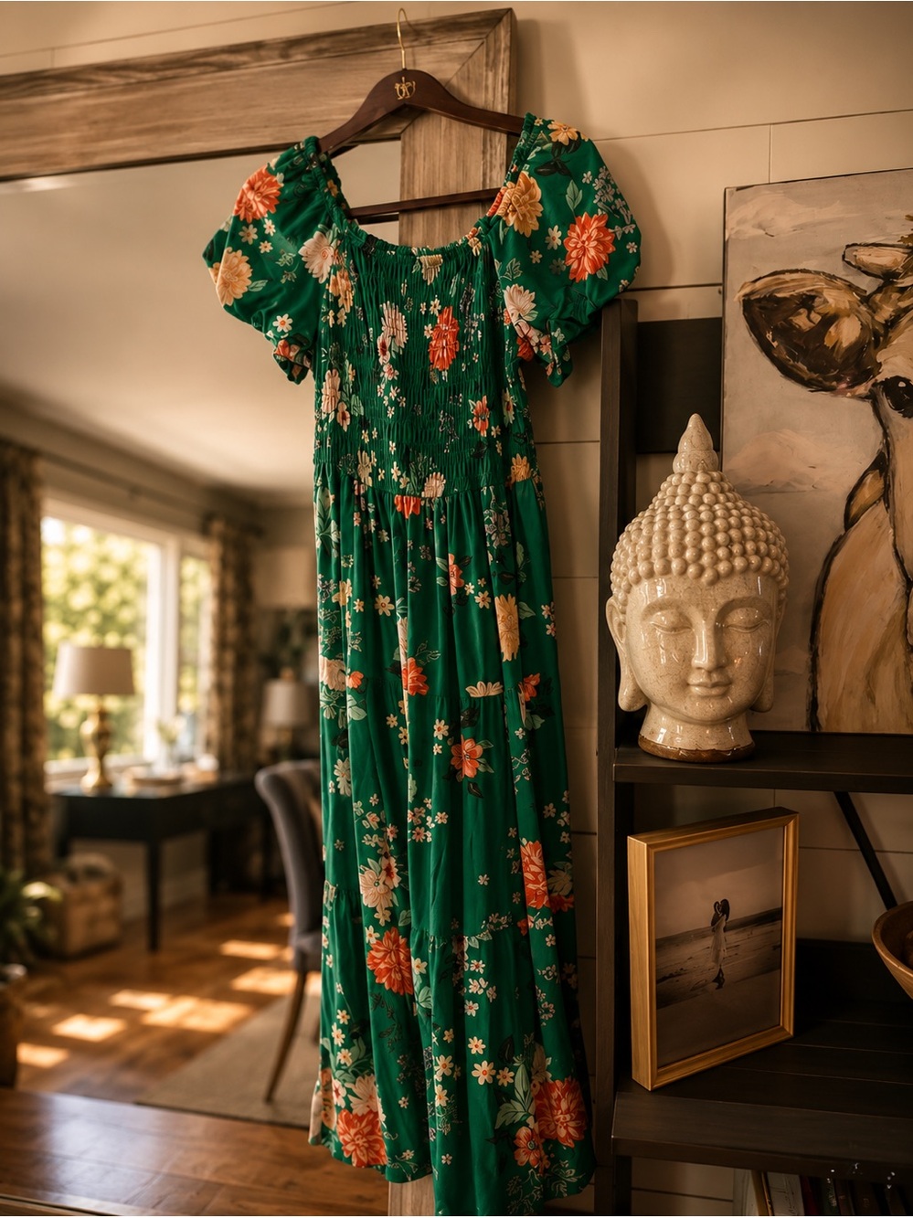 Green Floral Maxi Dress with Smocked Bodice